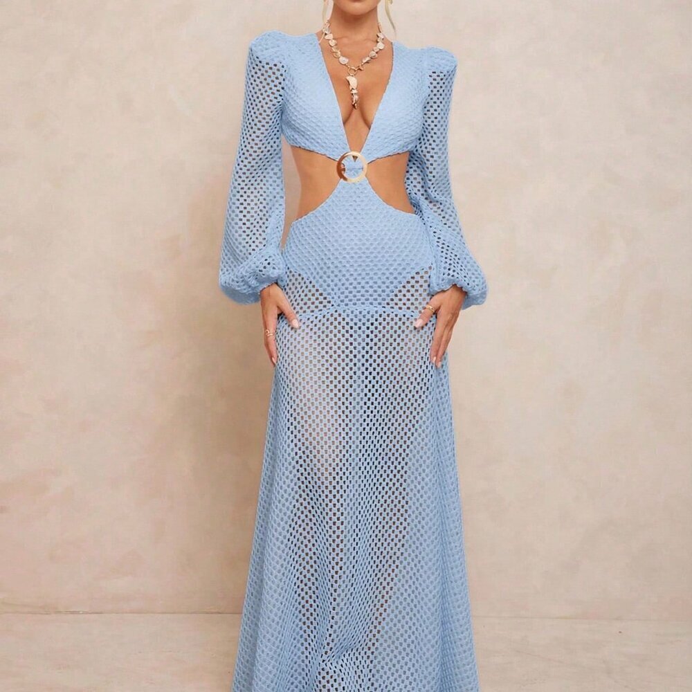 Blue Sexy Women's Cross-Back Cinched Waist Dress